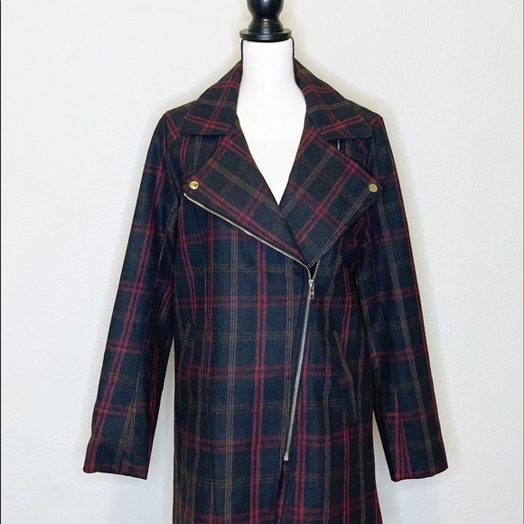 IJOAH Jackets & Blazers - New Plaid Winter Coat Womens Size L IJOAH Black Red Off Center Zip Plaid Coat